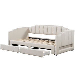 English Elm Twin Extendable Upholstered Daybed with Two Storage Drawers, LED Light, Slat Kit Included for Guests Beige N7500002061A