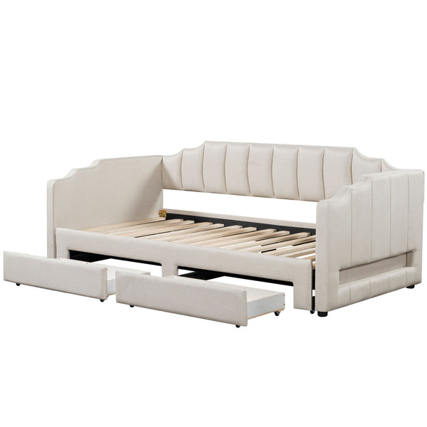 English Elm Twin Extendable Upholstered Daybed with Two Storage Drawers, LED Light, Slat Kit Included for Guests Beige N7500002061A