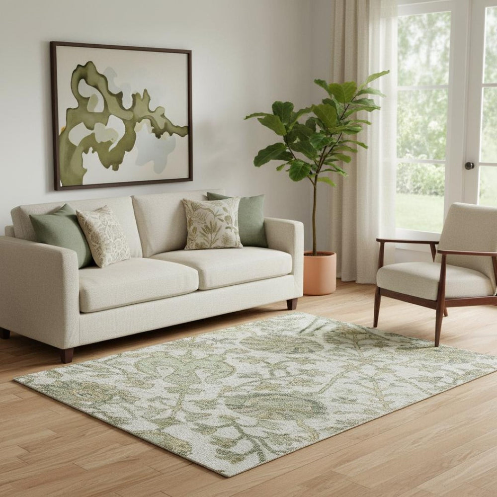 HomeRoots 5' X 8' Floral Area Rug in Ivory, Fern Green & Beige - Washable, Stain Resistant, UV Protected! 684024