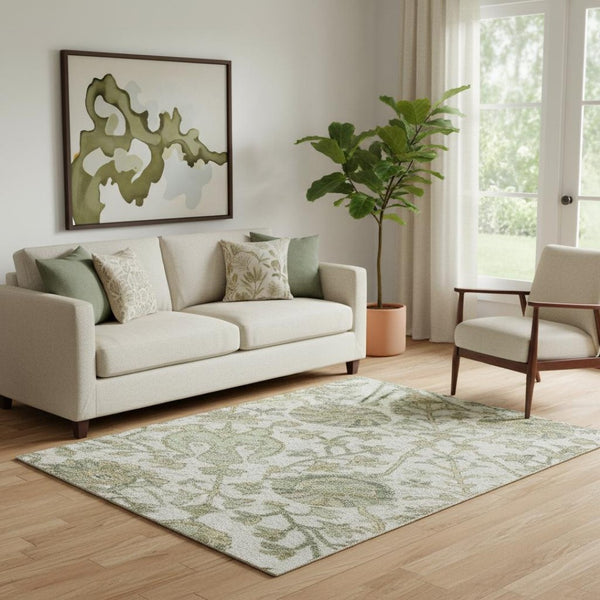 HomeRoots 5' X 8' Floral Area Rug in Ivory, Fern Green & Beige - Washable, Stain Resistant, UV Protected! 684024