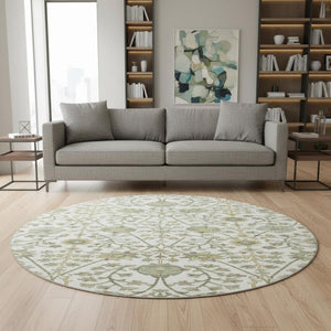 HomeRoots 8' Washable Round Rug with Elegant Fern Design - UV Protected, Stain Resistant for Busy Homes 684025