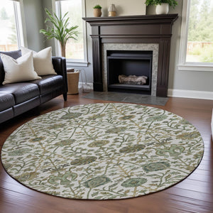 HomeRoots 8' Washable Round Rug with Elegant Fern Design - UV Protected, Stain Resistant for Busy Homes 684025