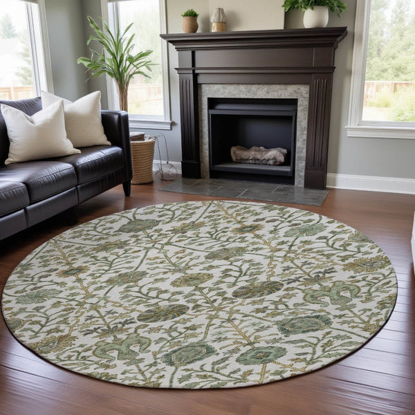 HomeRoots 8' Washable Round Rug with Elegant Fern Design - UV Protected, Stain Resistant for Busy Homes 684025