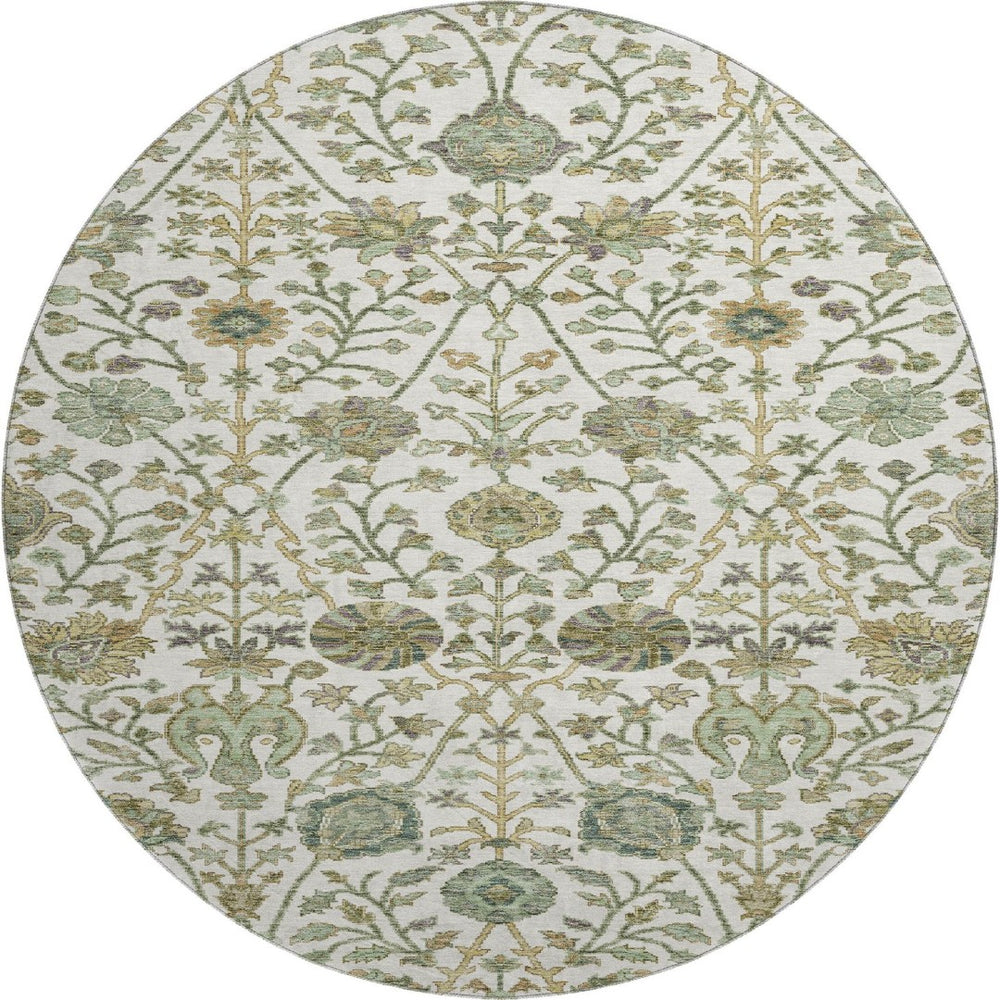 HomeRoots 8' Washable Round Rug with Elegant Fern Design - UV Protected, Stain Resistant for Busy Homes 684025