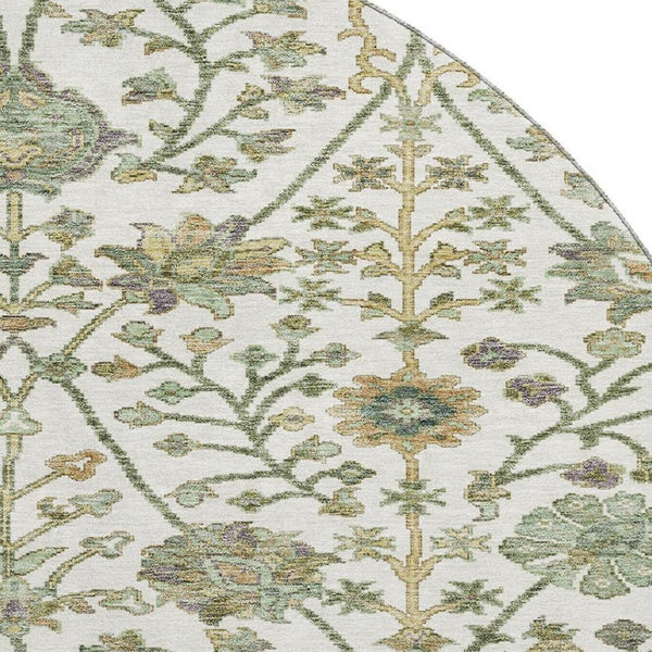 HomeRoots 8' Washable Round Rug with Elegant Fern Design - UV Protected, Stain Resistant for Busy Homes 684025