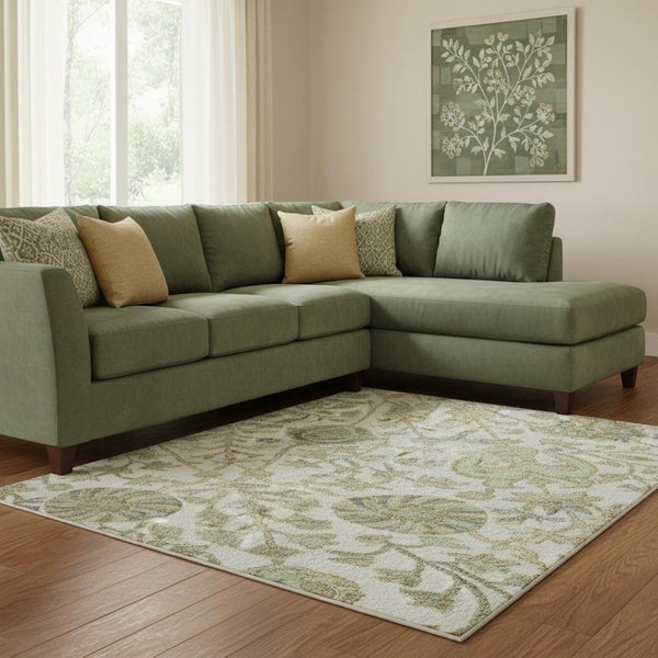 HomeRoots 8' X 10' Elegant Floral Area Rug in Ivory, Green & Beige - Washable, UV Protected & Stain Resistant 684026