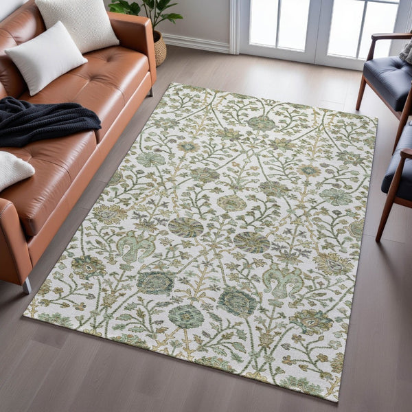 HomeRoots 8' X 10' Elegant Floral Area Rug in Ivory, Green & Beige - Washable, UV Protected & Stain Resistant 684026