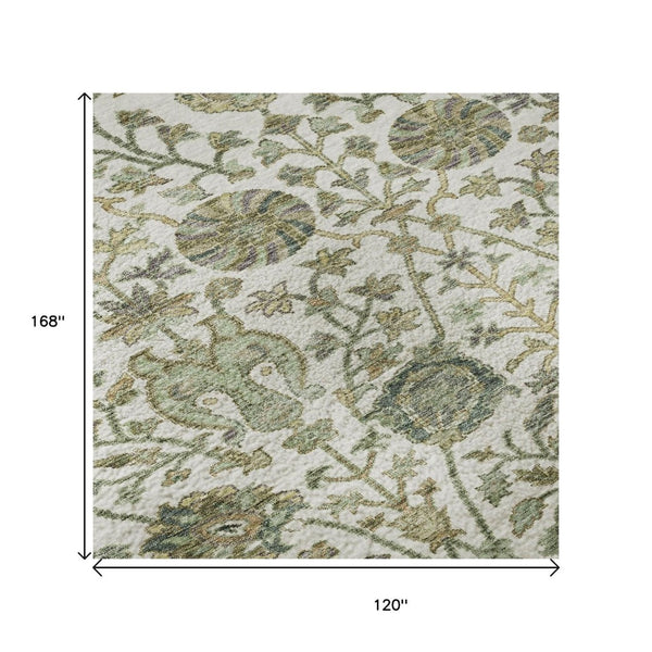 HomeRoots 10' Ivory Fern Green Floral Washable Area Rug - Durable, UV-Protected, Stain-Resistant Design for Homes 684028