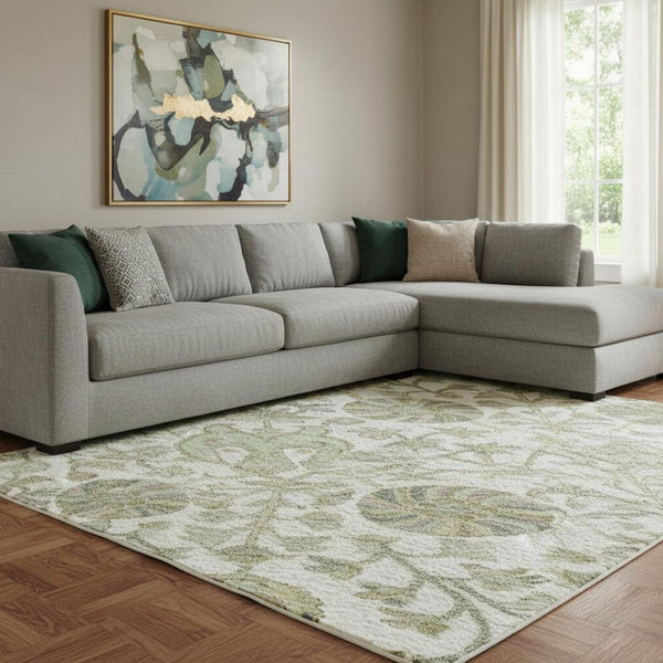 HomeRoots 10' Ivory Fern Green Floral Washable Area Rug - Durable, UV-Protected, Stain-Resistant Design for Homes 684028