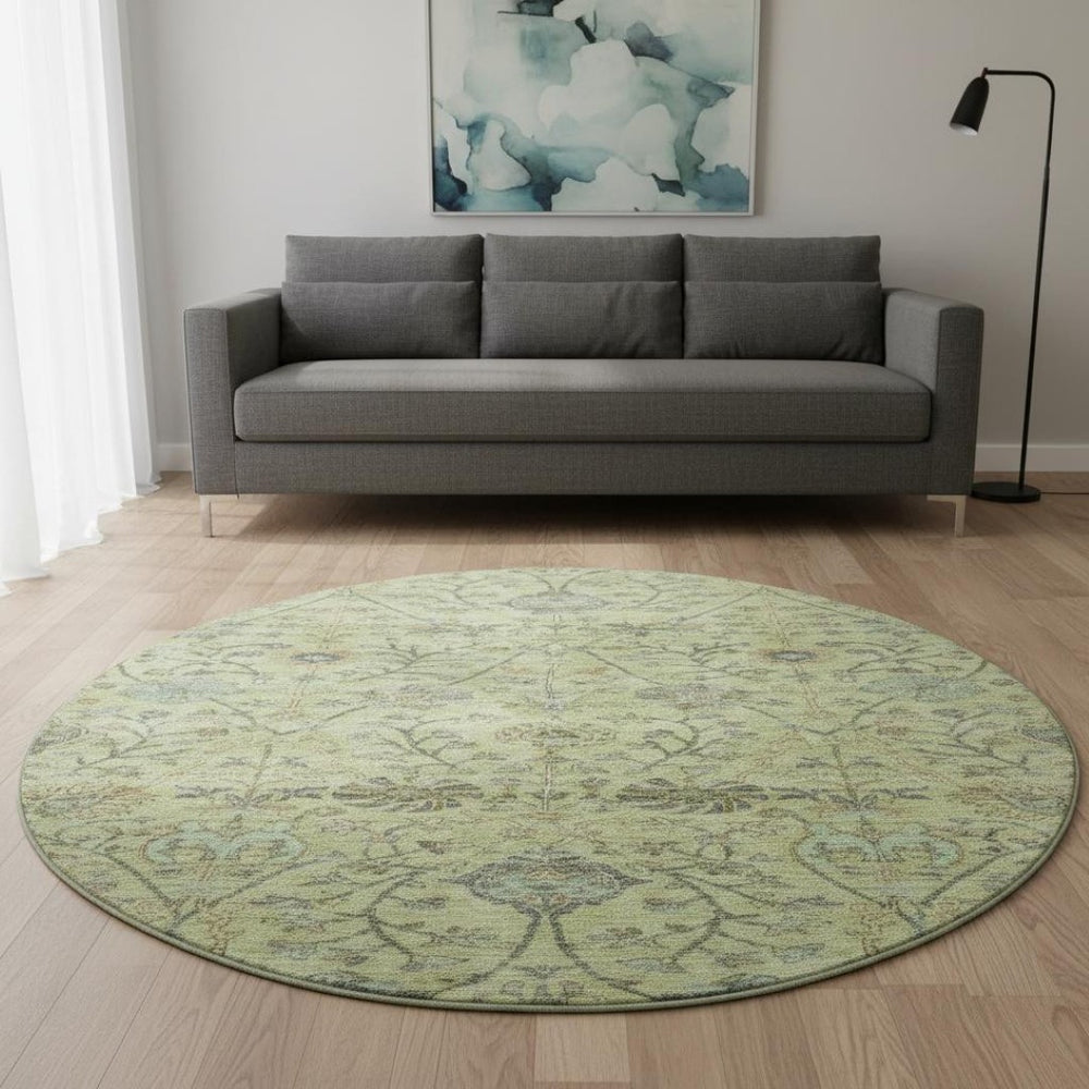 HomeRoots 8' Stylish Floral Washable Round Rug in Mint Green, Beige & Teal - Durable, UV Protected & Family-Friendly! 684031