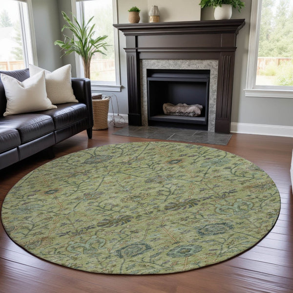 HomeRoots 8' Stylish Floral Washable Round Rug in Mint Green, Beige & Teal - Durable, UV Protected & Family-Friendly! 684031