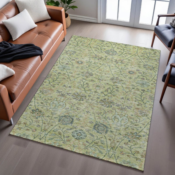 HomeRoots 8' X 10' Floral Area Rug in Mint Green, Beige & Teal - Washable, UV-Protected, Kid & Pet-Friendly! 684032