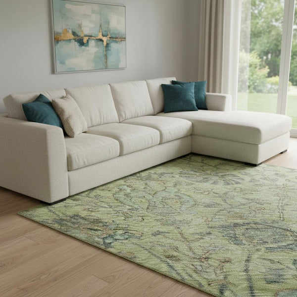 HomeRoots 10' X 14' Stunning Mint Green, Beige, and Teal Floral Area Rug – Washable, UV-Protected & Durable! 684034