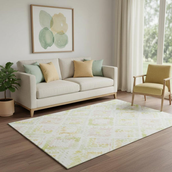 HomeRoots 5' X 8' Washable Geometric Area Rug in Pink, Lime Green & Ivory - UV Protected, Durable & Stylish! 684036