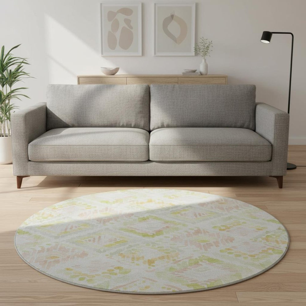 HomeRoots 8' Washable Round Rug in Pink, Lime Green & Ivory - Modern Geometric Design with UV Protection 684037