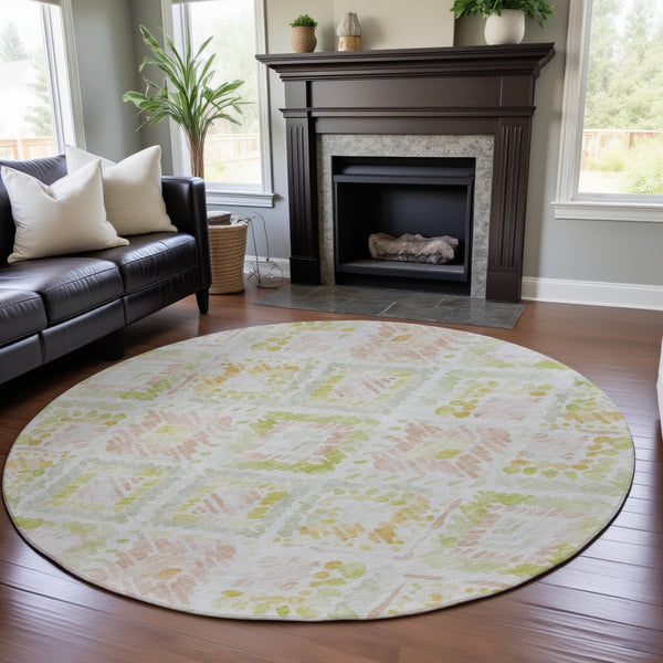 HomeRoots 8' Washable Round Rug in Pink, Lime Green & Ivory - Modern Geometric Design with UV Protection 684037
