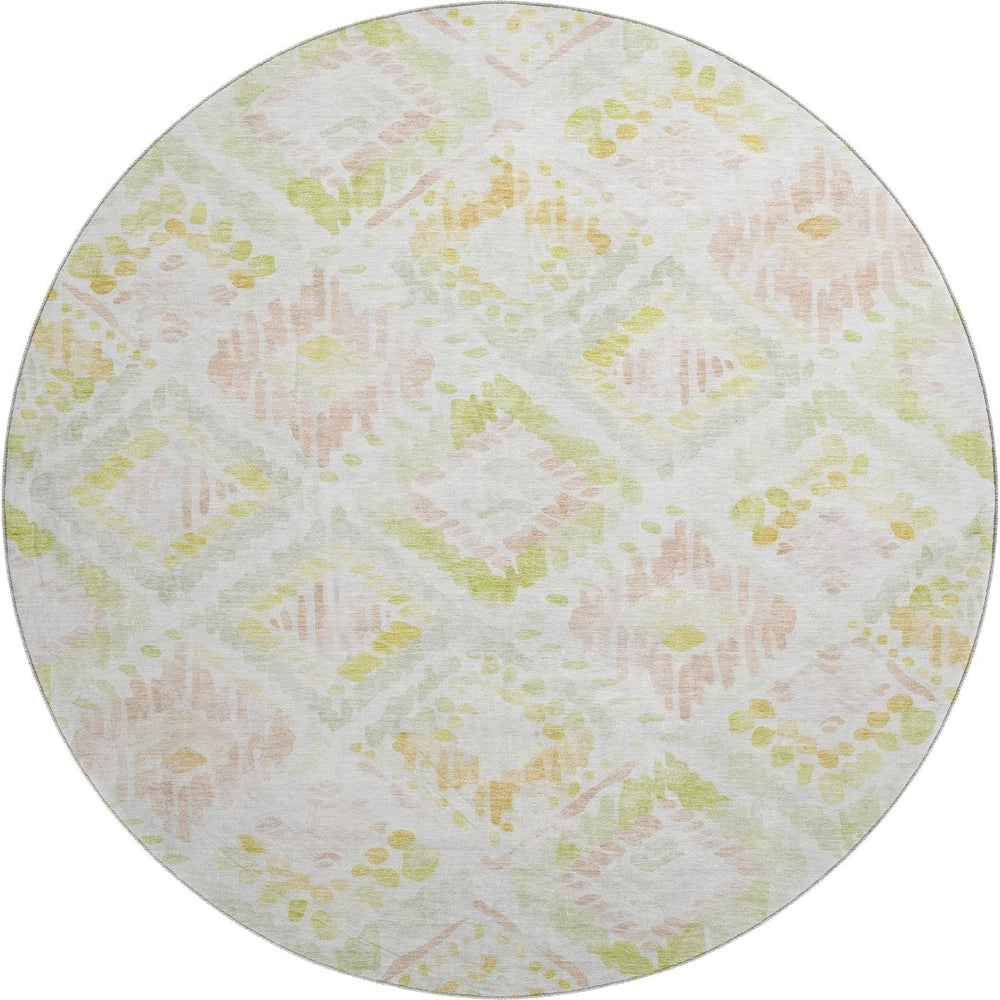 HomeRoots 8' Washable Round Rug in Pink, Lime Green & Ivory - Modern Geometric Design with UV Protection 684037