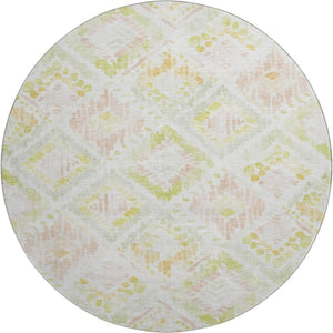 HomeRoots 8' Washable Round Rug in Pink, Lime Green & Ivory - Modern Geometric Design with UV Protection 684037