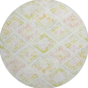HomeRoots 8' Washable Round Rug in Pink, Lime Green & Ivory - Modern Geometric Design with UV Protection 684037