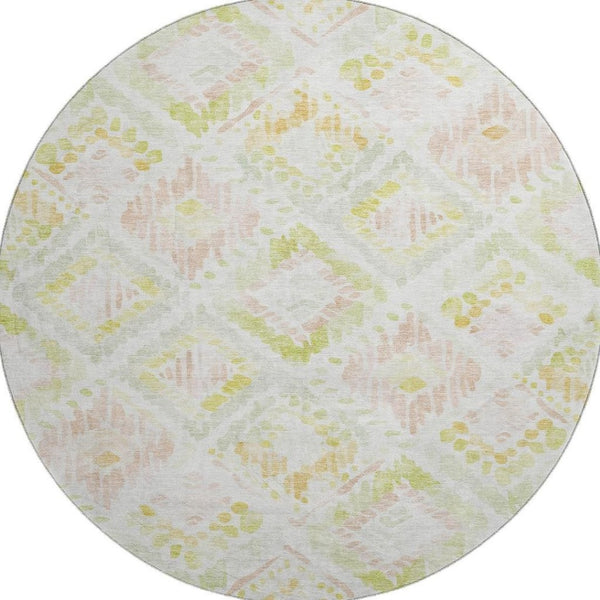 HomeRoots 8' Washable Round Rug in Pink, Lime Green & Ivory - Modern Geometric Design with UV Protection 684037