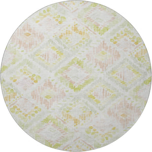 HomeRoots 8' Washable Round Rug in Pink, Lime Green & Ivory - Modern Geometric Design with UV Protection 684037