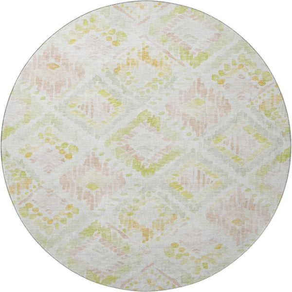 HomeRoots 8' Washable Round Rug in Pink, Lime Green & Ivory - Modern Geometric Design with UV Protection 684037