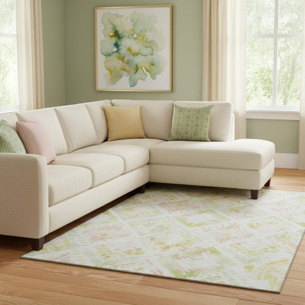HomeRoots 8' X 10' Vibrant Pink Lime Green Ivory Geometric Washable Area Rug with UV Protection for Homes 684038