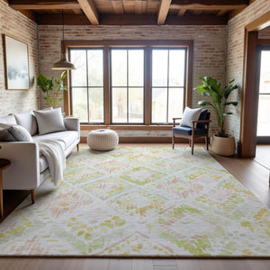 HomeRoots 9' Vibrant Pink, Lime Green & Ivory Geometric Washable Area Rug with UV Protection for Homes 684039