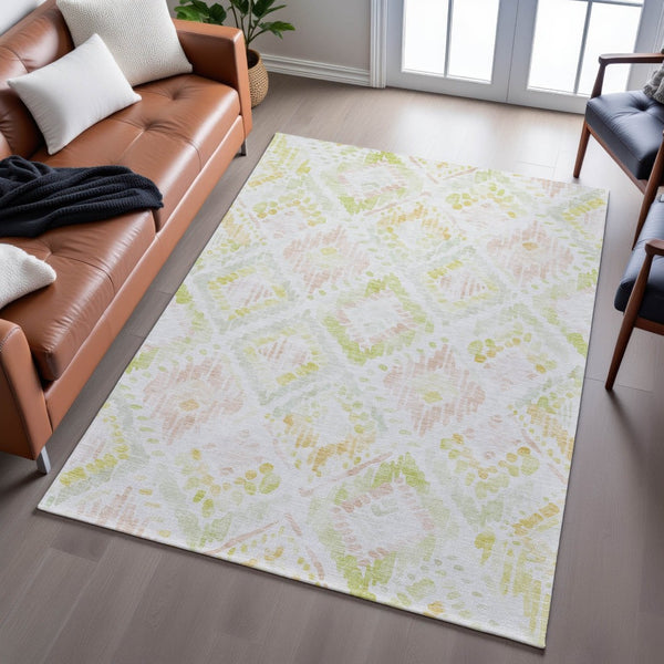 HomeRoots 9' Vibrant Pink, Lime Green & Ivory Geometric Washable Area Rug with UV Protection for Homes 684039