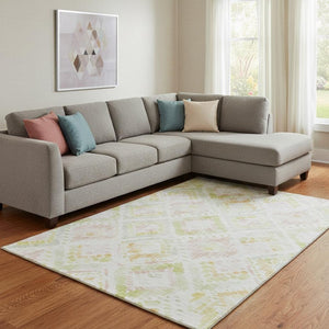 HomeRoots 10' Geometric Washable Area Rug in Pink, Lime Green & Ivory - UV Protected, Stain Resistant Design 684040