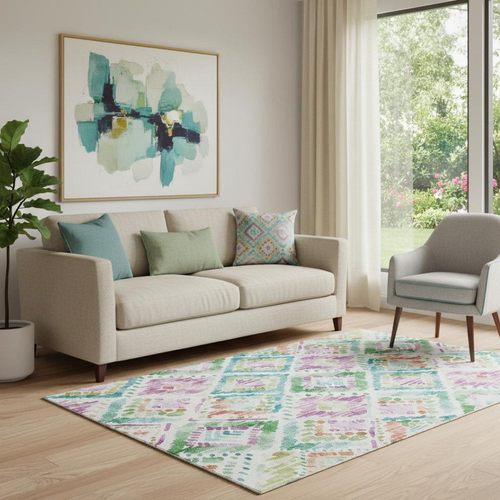 HomeRoots 5' X 8' Teal Ivory Green Purple Geometric Washable Area Rug with UV Protection for Homes & Kids 684042