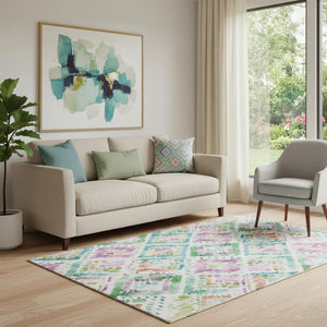 HomeRoots 5' X 8' Teal Ivory Green Purple Geometric Washable Area Rug with UV Protection for Homes & Kids 684042