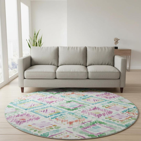 HomeRoots 8' Teal Ivory Green Purple Geometric Washable Round Rug - Stylish, Durable, UV-Protected for Homes 684043