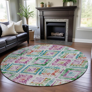 HomeRoots 8' Teal Ivory Green Purple Geometric Washable Round Rug - Stylish, Durable, UV-Protected for Homes 684043