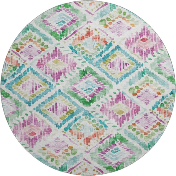 HomeRoots 8' Teal Ivory Green Purple Geometric Washable Round Rug - Stylish, Durable, UV-Protected for Homes 684043