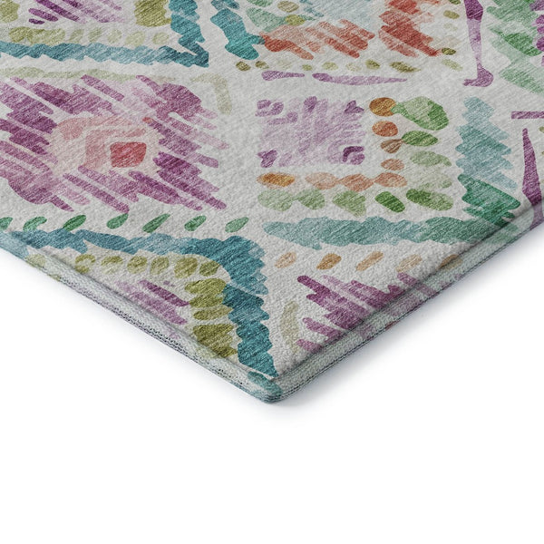 HomeRoots 8' Teal Ivory Green Purple Geometric Washable Round Rug - Stylish, Durable, UV-Protected for Homes 684043