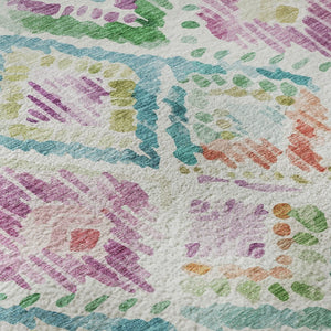 HomeRoots 8' Teal Ivory Green Purple Geometric Washable Round Rug - Stylish, Durable, UV-Protected for Homes 684043