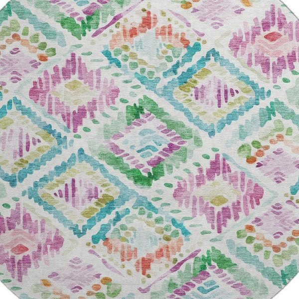 HomeRoots 8' Teal Ivory Green Purple Geometric Washable Round Rug - Stylish, Durable, UV-Protected for Homes 684043