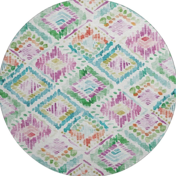 HomeRoots 8' Teal Ivory Green Purple Geometric Washable Round Rug - Stylish, Durable, UV-Protected for Homes 684043