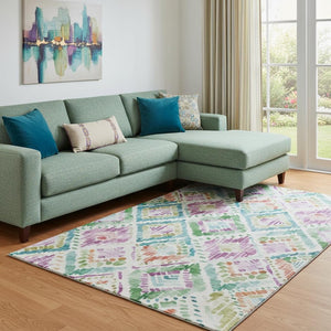 HomeRoots 8' X 10' Geometric Washable Area Rug in Teal, Ivory, Green & Purple - Durable, UV-Protected Design 684044
