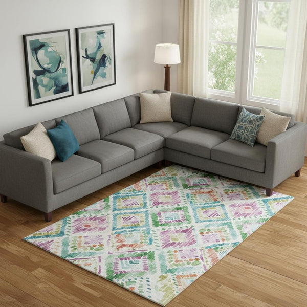 HomeRoots 9' X 12' Bold Teal, Ivory, Green & Purple Geometric Washable Area Rug with UV Protection & Comfort 684045