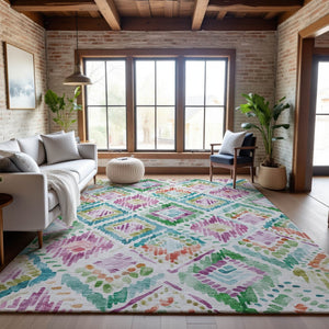 HomeRoots 10' X 14' Washable Geometric Area Rug in Teal, Ivory, Green & Purple - UV Protected & Stain Resistant 684046