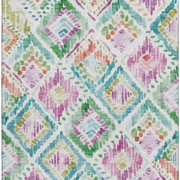 HomeRoots 10' X 14' Washable Geometric Area Rug in Teal, Ivory, Green & Purple - UV Protected & Stain Resistant 684046
