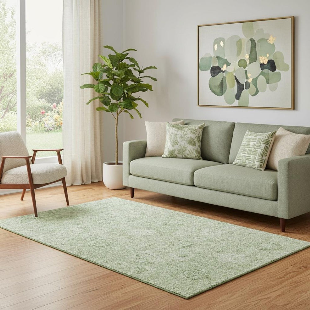 HomeRoots 5' X 8' Artichoke Green Damask Area Rug - Washable, UV Protected, Stylish & Durable for High-Traffic Areas 684048
