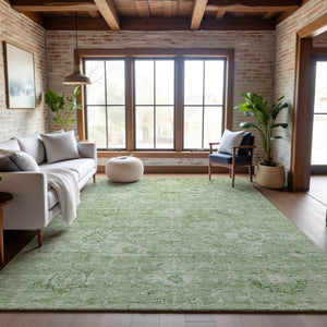 HomeRoots 5' X 8' Artichoke Green Damask Area Rug - Washable, UV Protected, Stylish & Durable for High-Traffic Areas 684048