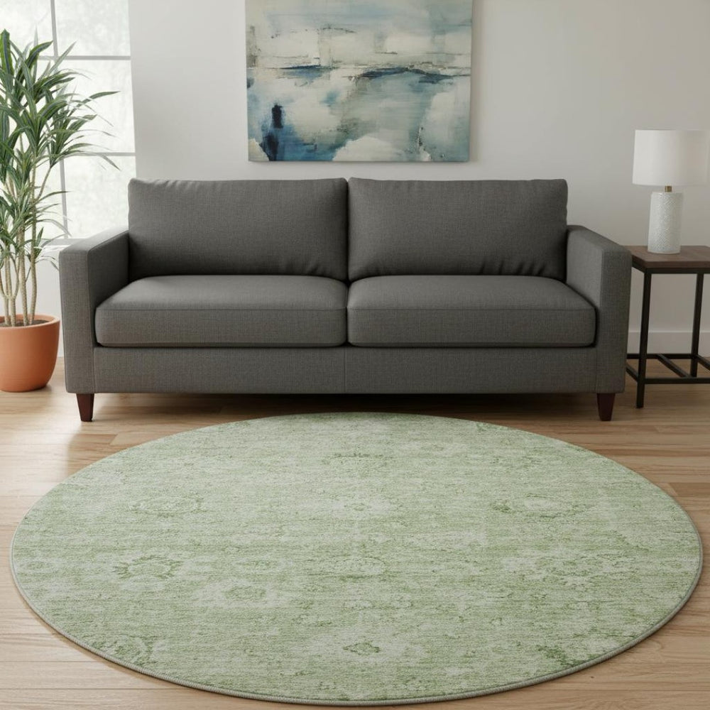 HomeRoots 8' Artichoke Green & Ivory Damask Round Rug - Washable, UV Protected, Perfect for Busy Homes! 684049