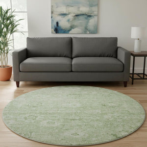 HomeRoots 8' Artichoke Green & Ivory Damask Round Rug - Washable, UV Protected, Perfect for Busy Homes! 684049