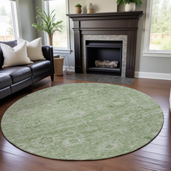 HomeRoots 8' Artichoke Green & Ivory Damask Round Rug - Washable, UV Protected, Perfect for Busy Homes! 684049