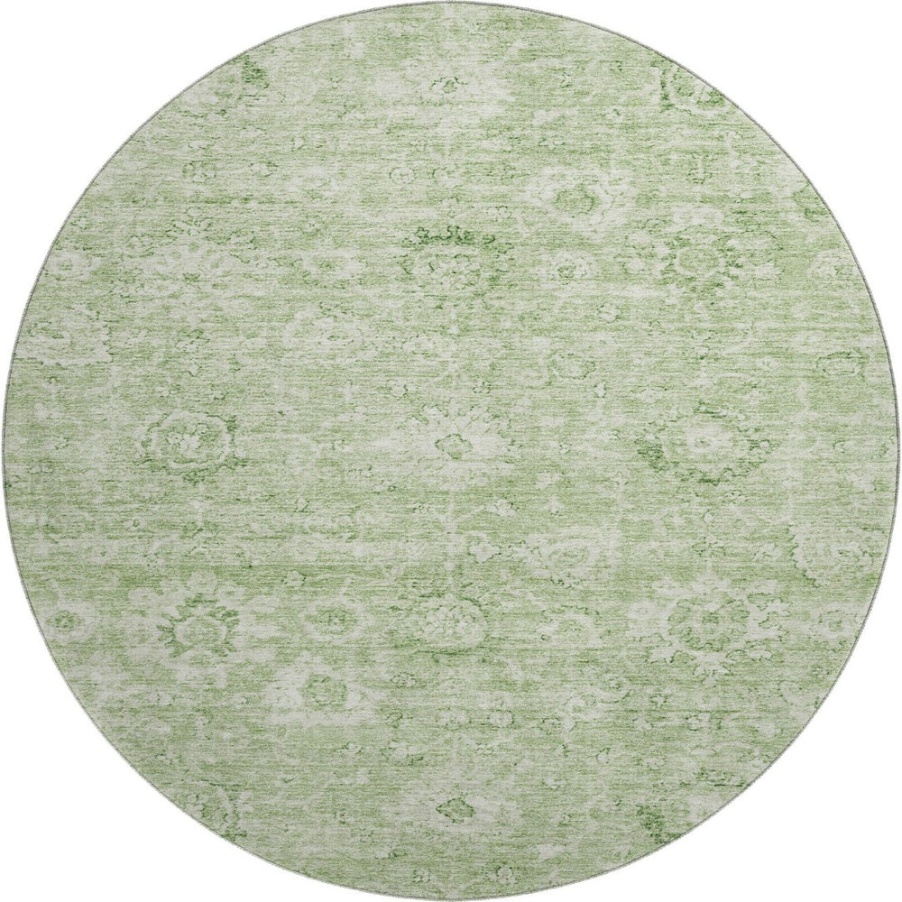 HomeRoots 8' Artichoke Green & Ivory Damask Round Rug - Washable, UV Protected, Perfect for Busy Homes! 684049