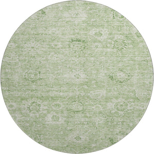 HomeRoots 8' Artichoke Green & Ivory Damask Round Rug - Washable, UV Protected, Perfect for Busy Homes! 684049